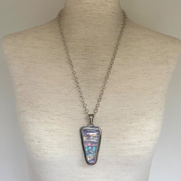 Sterling Silver 925 Designer Signed “Paradise” Dichroic Glass Pendant Necklace - Picture 1 of 16